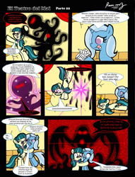 Size: 1024x1339 | Tagged: safe, artist:rammzblood, juniper montage, trixie, earth pony, pony, unicorn, g4, comic, dialogue, equestria girls ponified, female, hug, mare, ponified, spanish, speech bubble