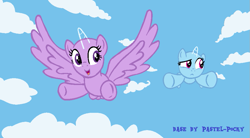 Size: 953x526 | Tagged: safe, artist:pastel-pocky, rainbow dash, twilight sparkle, alicorn, pegasus, pony, g4, the cutie re-mark, bald, base, cloud, female, filly, flying, foal, sky, twilight sparkle (alicorn)