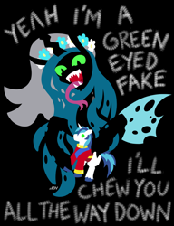 Size: 720x937 | Tagged: safe, artist:texasuberalles, queen chrysalis, shining armor, changeling, changeling queen, pony, unicorn, canterlot wedding 10th anniversary, g4, black background, cats millionaire, clothes, duo, duo male and female, fangs, female, flower, green eyes, hoof hold, hypnosis, hypnotized, insect wings, lineless, lyrics, male, open mouth, open smile, simple background, smiling, spread wings, stallion, text, tongue out, uniform, unshorn fetlocks, wedding veil, wings