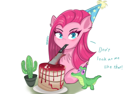 Size: 2048x1536 | Tagged: safe, artist:namieart, gummy, pinkie pie, earth pony, pony, g4, blood, cactus, chest fluff, hat, knife, looking at you, mouth hold, party hat, pinkamena diane pie, simple background, talking to viewer, white background