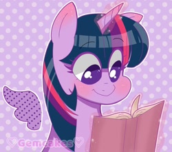 Size: 1280x1132 | Tagged: safe, artist:gemcakess, twilight sparkle, alicorn, pony, g4, blushing, book, bust, cute, female, floating wings, glowing, glowing horn, horn, magic, mare, polka dot background, portrait, reading, signature, smiling, solo, telekinesis, twiabetes, twilight sparkle (alicorn), wings