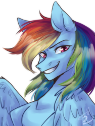 Size: 1200x1600 | Tagged: safe, artist:bulkaaoga, rainbow dash, pegasus, pony, g4, bust, female, grin, mare, portrait, signature, simple background, smiling, solo, white background