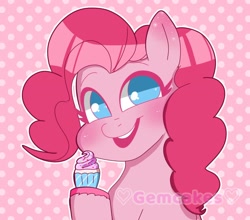 Size: 1280x1128 | Tagged: safe, artist:gemcakess, pinkie pie, earth pony, pony, g4, bust, cupcake, cute, diapinkes, female, food, mare, polka dot background, portrait, signature, smiling, solo