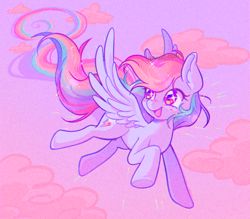 Size: 1188x1039 | Tagged: safe, artist:dreamysuite, artist:mikulovania, rainbow dash, pegasus, pony, g4, aesthetics, cloud, cute, dashabetes, female, flying, happy, mare, signature, sky, smiling, solo, sparkles