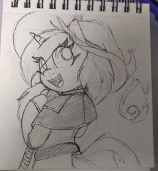 Size: 1836x1992 | Tagged: safe, artist:lockheart, oc, oc only, unicorn, semi-anthro, arm hooves, female, grayscale, hat, looking back, mare, monochrome, open mouth, open smile, smiling, solo, staff, traditional art, wizard hat