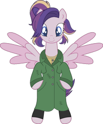 Size: 809x976 | Tagged: safe, alternate version, artist:westrail642fan, oc, oc only, oc:shooting star (r&f), pegasus, pony, rise and fall, anastasia, anastasia nikolaevna romanova, bipedal, clothes, coat, colored wings, don bluth, female, mare, parent:oc:david wyne, parent:princess cadance, parents:canon x oc, ponytail, simple background, slender, spread wings, thin, transparent background, two toned wings, westrail642fan's cadance template, wings