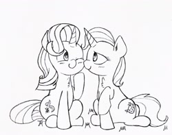 Size: 2568x2026 | Tagged: safe, artist:twiliset, starlight glimmer, trixie, pony, unicorn, blushing, cheek kiss, chest fluff, cute, duo, female, grass, heart, kissing, lesbian, looking at each other, love, pencil drawing, shipping, simple background, smiling, smiling at each other, startrix, traditional art