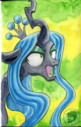 Size: 4336x6786 | Tagged: safe, artist:invalid-david, queen chrysalis, changeling, changeling queen, canterlot wedding 10th anniversary, g4, abstract background, female, scene interpretation, sketchbook, solo, traditional art, watercolor painting