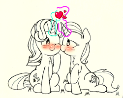 Size: 1200x954 | Tagged: safe, artist:twiliset, starlight glimmer, trixie, pony, unicorn, g4, blushing, cheek kiss, cute, duo, female, flushed face, grass, happy, kissing, lesbian, looking at each other, ship:startrix, shipping, simple background, smiling, smiling at each other