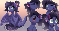Size: 3800x2000 | Tagged: safe, artist:xvostik, oc, oc only, oc:kennel nightshade, pegasus, pony, chest fluff, collar, eyebrows, female, flower, flower in hair, gradient background, high res, laughing, mare, no pupils, solo, tongue out