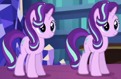 Size: 714x467 | Tagged: safe, screencap, starlight glimmer, pony, unicorn, every little thing she does, g4, season 6, clone, cropped, duality, duplication, female, library, mare, similo duplexis, smiling, twilight's castle, twilight's castle library