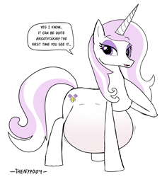 Size: 2487x2721 | Tagged: safe, artist:thenypod4, fleur-de-lis, pony, unicorn, g4, belly, big belly, dialogue, female, fleurtility, high res, hoof on chest, horn, huge belly, impossibly large belly, mare, pregnant, simple background, solo, white background