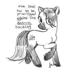 Size: 1035x1115 | Tagged: safe, artist:spectralunicorn, oc, oc only, earth pony, pony, black and white, dialogue, female, grayscale, mare, monochrome, simple background, sketch, solo, talking to viewer, white background