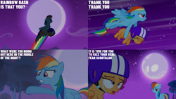 Size: 1280x720 | Tagged: safe, edit, edited screencap, editor:quoterific, screencap, princess luna, rainbow dash, scootaloo, pegasus, pony, g4, season 3, sleepless in ponyville, crying, duo, eyes closed, female, filly, flying, foal, helmet, implied princess luna, mare, moon, night, open mouth, smiling, spread wings, text, wings