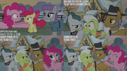 Size: 1280x720 | Tagged: safe, edit, edited screencap, editor:quoterific, screencap, apple bloom, cloudy quartz, granny smith, igneous rock pie, maud pie, pinkie pie, earth pony, pony, g4, hearthbreakers, season 5, 4 panel comic, ^^, apple bloom's bow, bow, comic, cute, diapinkes, eyes closed, female, filly, foal, hair bow, male, mare, open mouth, open smile, smiling, snow, stallion, text