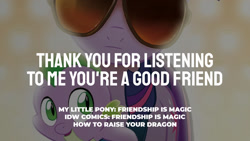 Size: 1280x720 | Tagged: safe, edit, editor:quoterific, idw, spike, twilight sparkle, dragon, pony, unicorn, g4, baby, baby dragon, duo, female, how to raise your dragon, male, mare, open mouth, open smile, smiling, sunglasses, text, unicorn twilight