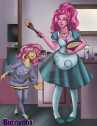 Size: 1024x1317 | Tagged: safe, artist:bunnynha, li'l cheese, pinkie pie, human, g4, the last problem, batter, bowl, clothes, cutie mark on clothes, daughter, deviantart watermark, dress, duo, female, food, humanized, mother and child, mother and daughter, obtrusive watermark, pajamas, pinkie pie's cutie mark, pony coloring, stocking feet, watermark, wooden spoon