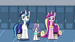 Size: 1920x1080 | Tagged: safe, artist:platinumdrop, princess cadance, princess flurry heart, shining armor, alicorn, pony, unicorn, g4, clothes, family, father and child, father and daughter, female, locker room, lockers, male, missing accessory, mother and child, mother and daughter, older, request, trio