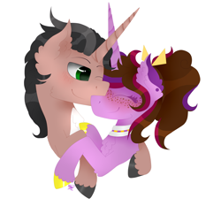 Size: 5120x5120 | Tagged: safe, artist:kathepart, oc, oc only, oc:beryl scorn, oc:kathepaint, pony, unicorn, bun hairstyle, bust, collar, couple, duo, green eyes, portrait, simple background, white background