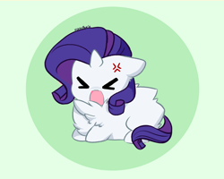 Size: 5336x4276 | Tagged: safe, artist:kittyrosie, rarity, pony, unicorn, g4, >.<, ><, abstract background, adorable distress, angry, behaving like a cat, chest fluff, chibi, cross-popping veins, cute, emanata, excessive fluff, eyes closed, fluffy, lying, madorable, open mouth, ponyloaf, prone, rarara, raribetes, simple background, solo