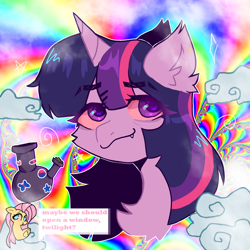 Size: 2000x2000 | Tagged: safe, artist:quinnai, fluttershy, twilight sparkle, pony, unicorn, g4, anime style, big eyes, bisexual pride flag, bong, chest fluff, cloud, cloudy, drugs, ear fluff, eyebrows, eyebrows visible through hair, fangs, female, female focus, fluffy, flutterhigh, high, high res, highlight sparkle, highlights, lesbian, marijuana, more than friends, pride, pride flag, rainbow, red eyes, shiny eyes, ship:twishy, shipping, smoke, smoking, solo focus, stoned, stoner, tripping