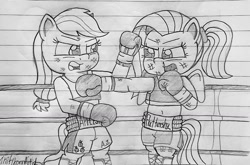 Size: 1280x845 | Tagged: safe, artist:ct1443ae, applejack, fluttershy, earth pony, pegasus, semi-anthro, g4.5, badass, boxing, boxing gloves, boxing ring, duo, flutterbadass, lined paper, mouth guard, pencil drawing, punch, sports, traditional art