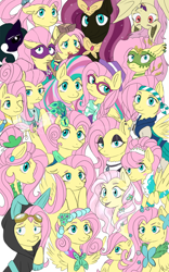 Size: 1000x1600 | Tagged: safe, artist:sphexvirart, fluttershy, saddle rager, bat pony, breezie, crystal pony, pegasus, pony, g4, alternate hairstyle, alternate timeline, apocalypse fluttershy, bat ponified, breeziefied, bunny ears, chrysalis resistance timeline, clothes, costume, crystal war timeline, crystallized, dangerous mission outfit, dress, female, filly, filly fluttershy, flower, flower in hair, flutterbat, flutterbreez, fluttergoth, gala dress, glasses, goggles, hipstershy, hoodie, mare, multeity, nightmare fluttershy, nightmarified, older, older fluttershy, opposite fluttershy, pirate, pirate fluttershy, power ponies, race swap, rainbow power, severeshy, so much flutter, species swap, tribal, tribalshy, wall of tags, younger