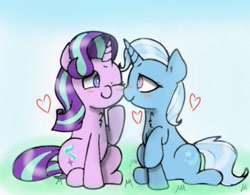 Size: 983x768 | Tagged: safe, artist:twiliset, starlight glimmer, trixie, pony, unicorn, g4, blushing, cheek kiss, duo, female, flushed face, grass, grass field, happy, heart, kissing, lesbian, looking at each other, looking at someone, one eye closed, ship:startrix, shipping, sky