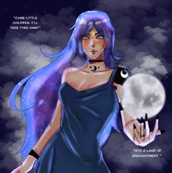 Size: 1440x1449 | Tagged: safe, artist:loona01, princess luna, human, children of the night, g4, breasts, cleavage, female, humanized, moon, solo, text
