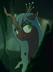 Size: 1849x2498 | Tagged: safe, artist:toanderic, queen chrysalis, changeling, changeling queen, canterlot wedding 10th anniversary, g4, blushing, bust, cave, cavern, crown, female, jewelry, looking at you, mlem, portrait, regalia, silly, solo, tongue out