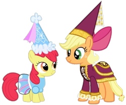 Size: 720x602 | Tagged: safe, artist:darlycatmake, apple bloom, applejack, earth pony, pony, for whom the sweetie belle toils, g4, look before you sleep, accessory, accessory swap, apple bloom's bow, bow, clothes, clothes swap, dress, dressup, duo, female, filly, foal, froufrou glittery lacy outfit, hair bow, happy, hat, hennin, looking at each other, looking at someone, mare, princess, princess apple bloom, princess applejack, princess costume, sibling bonding, siblings, simple background, sisters, smiling, smiling at each other, together, transparent background