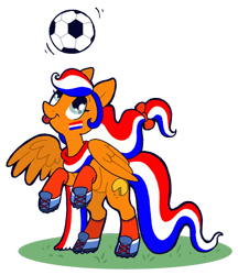 Size: 574x663 | Tagged: safe, artist:captain-waterfire, oc, pony, football, nation ponies, netherlands, orange fur, ponified, simple background, solo, sports, tongue out, transparent background