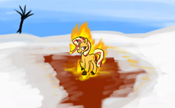 Size: 1280x788 | Tagged: safe, artist:horsesplease, sunset shimmer, pony, unicorn, g4, fiery shimmer, fire, ice, melting, snow, solo, walking campfire, winter