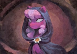 Size: 2480x1754 | Tagged: safe, artist:orchidpony, cheerilee, earth pony, pony, g4, blank eyes, cloak, clothes, hood, no pupils, solo