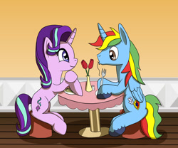 Size: 1280x1063 | Tagged: safe, artist:platinumdrop, starlight glimmer, oc, oc:shield wing, alicorn, pony, unicorn, g4, alicorn oc, canon x oc, date, duo, female, flower, food, horn, male, request, shipping, sitting, straight, table, wings