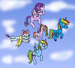 Size: 944x847 | Tagged: safe, artist:platinumdrop, starlight glimmer, oc, oc:royal strength, oc:shield wing, oc:skyress, oc:starling shield, alicorn, dragon, pony, g4, alicornified, cloud, flying, race swap, request, sky, starlicorn