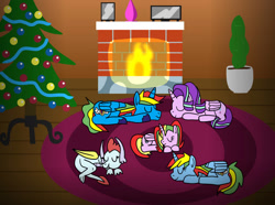 Size: 1036x772 | Tagged: safe, artist:platinumdrop, starlight glimmer, oc, oc:royal strength, oc:shield wing, oc:skyress, oc:starling shield, alicorn, dragon, pony, g4, alicornified, christmas, christmas tree, fire, fireplace, holiday, race swap, request, sleeping, starlicorn, tree