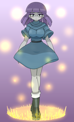 Size: 1361x2224 | Tagged: safe, artist:batipin, maud pie, human, equestria girls, g4, aura, big breasts, boots, breasts, busty maud pie, clothes, eyeshadow, female, gradient background, legs, looking at you, makeup, shoes, short sleeves, simple background, solo