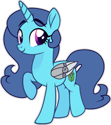 Size: 1722x1947 | Tagged: safe, artist:rickysocks, oc, oc only, alicorn, pony, alicorn oc, amputee, artificial wings, augmented, blue mane, blue tail, eyebrows, eyebrows visible through hair, female, folded wings, full body, hooves, horn, mare, outline, prosthetic limb, prosthetic wing, prosthetics, raised hoof, show accurate, simple background, smiling, solo, standing, tail, transparent background, white outline, wings