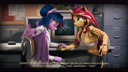 Size: 9600x5400 | Tagged: safe, artist:imafutureguitarhero, sci-twi, sunset shimmer, twilight sparkle, alicorn, classical unicorn, robot, robot pony, unicorn, anthro, g4, 3d, :i, absurd file size, absurd resolution, aperture, aperture iris, black bars, breasts, cargo pants, chair, cheek fluff, chromatic aberration, clipboard, clothes, colored eyebrows, colored eyelashes, computer, corkboard, crt, crt monitor, desk, desk lamp, dialogue, dialogue in the description, duo, ear fluff, female, file cabinet, film grain, fluffy, fluffy mane, freckles, glasses, glasses off, glowing, glowing eyes, grin, holding hands, horn, implied transformation, jeans, keyboard, lab coat, leonine tail, lesbian, letterboxing, long hair, long mane, long nails, looking at someone, looking at something, mare, monitor, multicolored hair, multicolored mane, office chair, painting, paintover, pants, paper, pen, peppered bacon, raised eyebrow, revamped anthros, revamped ponies, roboticization, sci-twilicorn, shimmerbot, ship:sci-twishimmer, ship:sunsetsparkle, shipping, sideboob, signature, sitting, smiling, source filmmaker, story included, studying, subtitles, sunset shimmer is not amused, tail, tail fluff, tank top, text, torn clothes, twilight sparkle (alicorn), unamused, varying degrees of amusement, vulgar description, wall of tags, wings, writing