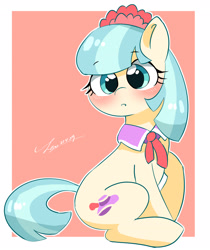 Size: 2171x2579 | Tagged: safe, artist:leo19969525, coco pommel, earth pony, pony, g4, blushing, bowtie, cocobetes, cute, female, hair accessory, high res, looking at you, mare, outline, passepartout, pink background, simple background, sitting, solo, turned head, white outline