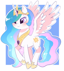 Size: 2612x2876 | Tagged: safe, artist:leo19969525, princess celestia, alicorn, pony, g4, cute, cutelestia, female, high res, horn, jewelry, mare, regalia, simple background, smiling, solo, spread wings, white background, wings