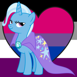 Size: 640x640 | Tagged: safe, artist:emo-self-shipping-art-doodles, trixie, pony, unicorn, g4, abstract background, asexual, asexual pride flag, bisexual pride flag, brooch, cape, clothes, collage, female, hat, jewelry, mare, pride, pride flag, solo, trixie's brooch, trixie's cape, trixie's hat