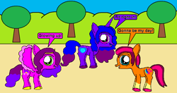 Size: 1210x637 | Tagged: safe, artist:iamthebestuserever, izzy moonbow, pipp petals, sunny starscout, earth pony, pegasus, pony, unicorn, g5, 1000 hours in ms paint, speech bubble, tree, trio