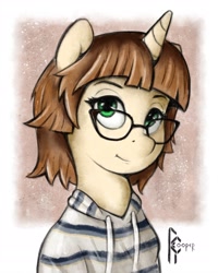 Size: 1620x2025 | Tagged: safe, artist:rcooper, oc, pony, unicorn, bust, clothes, female, glasses, hoodie, portrait, short hair, simple background, solo