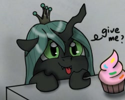 Size: 958x768 | Tagged: source needed, safe, artist:twiliset, queen chrysalis, changeling, changeling queen, g4, crown, cupcake, cute, cute little fangs, cutealis, excited, fangs, female, food, happy, hopping, jewelry, looking at you, regalia, simple background, solo, table, tongue out