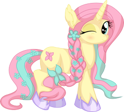 Size: 6982x6314 | Tagged: safe, artist:cyanlightning, oc, oc only, oc:rapunzel shy, pony, unicorn, .svg available, absurd resolution, bow, braid, clothes, ear fluff, female, flower, hair bow, mare, not fluttershy, one eye closed, shoes, simple background, solo, transparent background, vector, wink