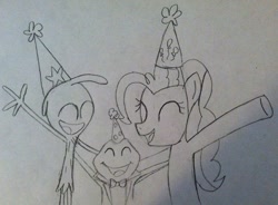 Size: 500x368 | Tagged: safe, artist:msperryrocks-blog, pinkie pie, earth pony, pony, g4, crossover, eyes closed, hat, party hat, traditional art, wander (wander over yonder), wander over yonder