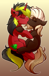 Size: 2630x4000 | Tagged: safe, artist:witchtaunter, oc, oc only, oc:melony sweetsong, oc:pynoka, earth pony, pony, unicorn, chest fluff, commission, cute, ear fluff, eyes closed, female, floppy ears, gradient background, kissing, male, shoulder fluff