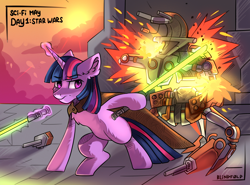 Size: 2700x2000 | Tagged: safe, artist:freak-side, twilight sparkle, pony, unicorn, g4, bipedal, cape, clothes, crossover, dexterous hooves, droid, droideka, explosion, glowing, glowing horn, high res, horn, levitation, lightsaber, magic, solo, star wars, telekinesis, unicorn twilight, weapon